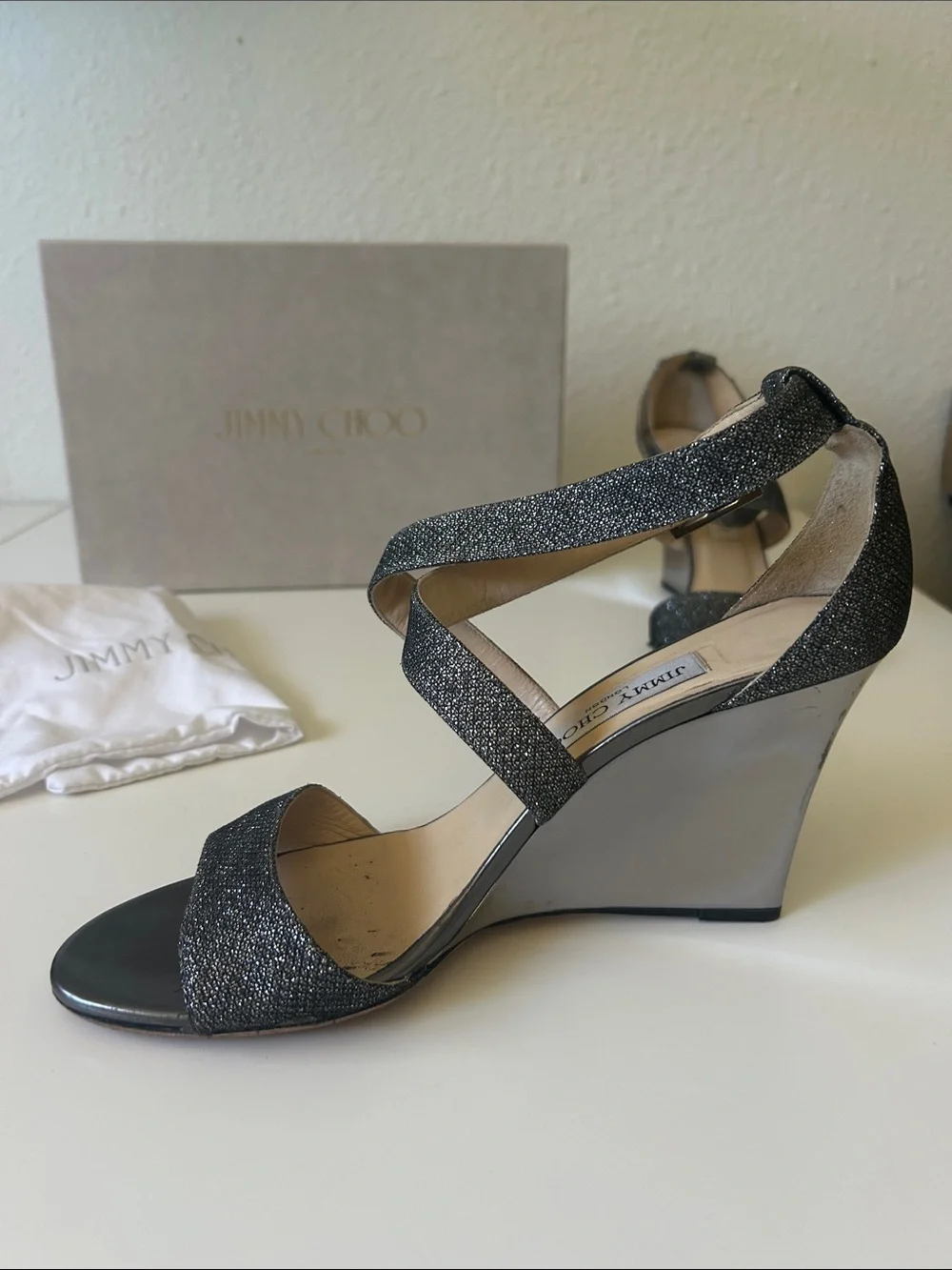 Jimmy Choo Black Glitter Strappy Ankle Sandals